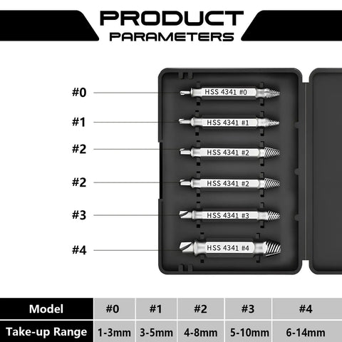 Damaged Screw Extractor Set For Stripped Screws And Bolts in compact case with six different extractors labeled by size