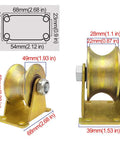Premium Fixed Pulley Heavy Duty U Groove Carbon Steel Track Roller With Double Bearings For Industrial Machines Sliding Doors Rolling Gates, showing dimensions and side view.
