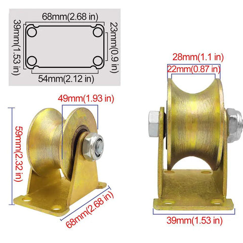 Premium Fixed Pulley Heavy Duty U Groove Carbon Steel Track Roller With Double Bearings For Industrial Machines Sliding Doors Rolling Gates, showing dimensions and side view.