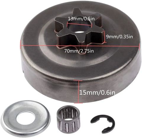 Three Eighths Inch Six Tooth Clutch Drum Sprocket Kit With Washer And E Clip For Quick Chainsaw Repairs Durable Iron Construction