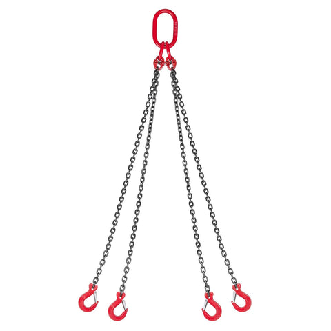 Front view: VEVOR chain sling, 1/4 in x 5 ft, four-leg grab hooks with red master link, G80 alloy steel, 6600 lbs