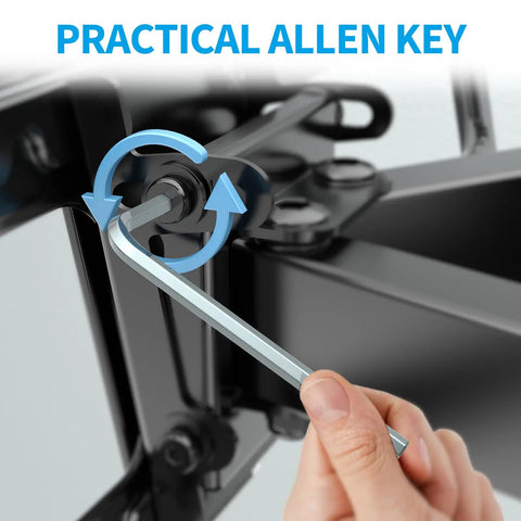 Hand using Allen key on TV Wall Mount Hardware Kit with M7 lag bolts for secure mounting on various walls.