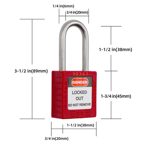Red padlock with dimensions for Electrical Lockout Tagout Kit With 33 Devices Padlocks Hasps Circuit Breaker Locks Switch Locks Tag Outs.