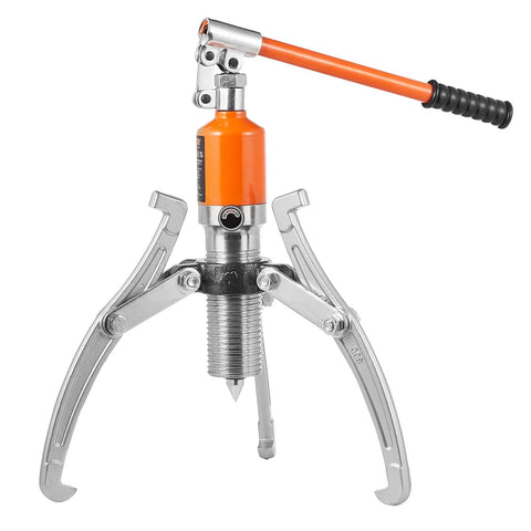 Hydraulic gear puller with orange pump and three steel jaws for hub removal.