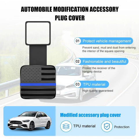 2 Inch Trailer Hitch Cover With American Flag Design, Dust Proof Receiver Plug Cap, TPU Material, Black and Blue, on road background