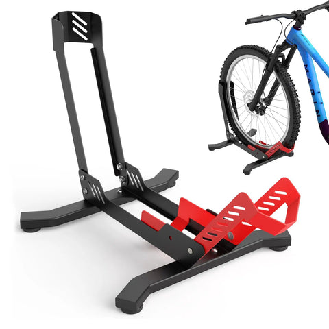 Red Bike Floor Stand For Garage Storage Portable Front And Rear Wheel Parking Rack Fits 24 To 29 Inch Bikes Tire Width Up To 3.5 Inches
