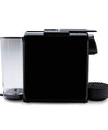 Side view of Essenza Mini Coffee And Espresso Machine By De'Longhi, Ultra Compact 1150W, 110ml Cup Size, Black, showing water tank and spout.