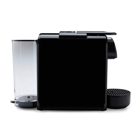 Side view of Essenza Mini Coffee And Espresso Machine By De'Longhi, Ultra Compact 1150W, 110ml Cup Size, Black, showing water tank and spout.