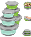 Stack of green and blue collapsible silicone camping bowl set with lids 6 pack food grade foldable outdoor tableware in various sizes