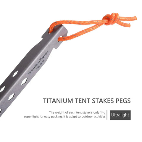 Ultralight Titanium Tent Pegs 165mm V-Shaped Stakes For Soft Ground Camping Gear Six Pack Durable Rust Resistant Nails For Backpacking And Outdoor Tents Ti4007P with orange cord.