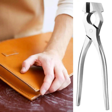 Leather Flat Pliers for Crafting and Strap Crimping next to a hand pressing leather, highlighting adjustable jaw and steel forged build.