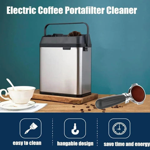 Automatic Electric Portafilter Cleaner And Knock Box For 58mm Espresso Handles, stainless steel design, efficient cleaning solution.