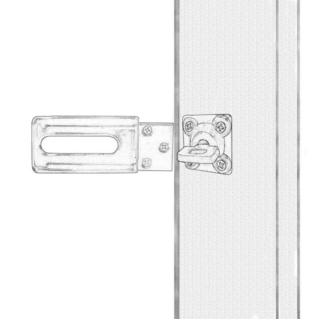 90-degree hasp and swivel staple, 4-1/2 in, steel, black finish, installed on door frame