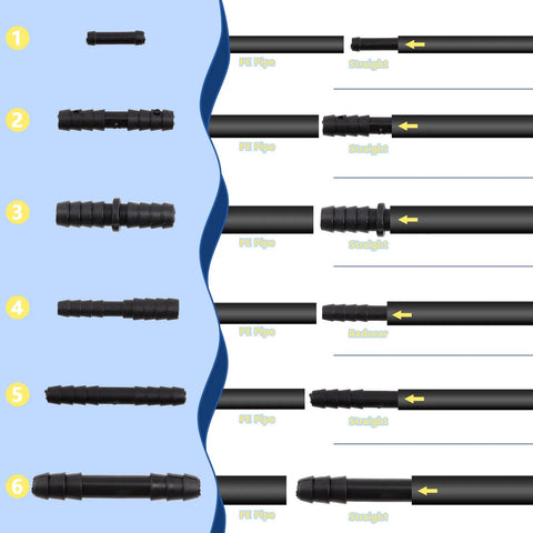 Six-view collage of Glarks 113Pcs black nylon vacuum hose connectors for automotive tubing in assorted sizes
