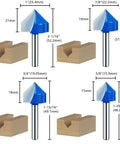 Diagram showing four router bit sizes from the Must Have 8 Piece 90 Degree V Groove Router Bit Set With Solid Carbide Double Flute.