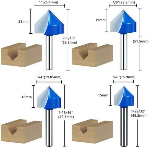 Diagram showing four router bit sizes from the Must Have 8 Piece 90 Degree V Groove Router Bit Set With Solid Carbide Double Flute.