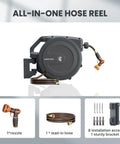 Retractable Garden Hose Reel With Auto Rewind Wall Mount 100 Feet Hose Plus 5 Foot Lead Any Length Lock Hybrid Hose For Easy Watering No Tangles No Fuss Rewind And Smooth Storage, dark grey wall-mounted reel