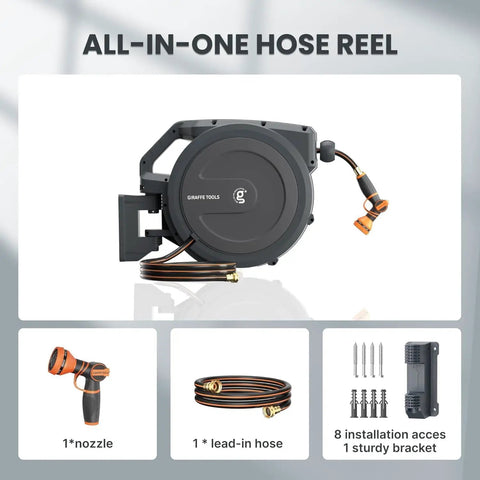 Retractable Garden Hose Reel With Auto Rewind Wall Mount 100 Feet Hose Plus 5 Foot Lead Any Length Lock Hybrid Hose For Easy Watering No Tangles No Fuss Rewind And Smooth Storage, dark grey wall-mounted reel