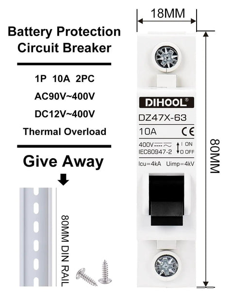 Heavy Duty AC DC Miniature Circuit Breakers 2 Pack Single Pole 10 Amp with Thermal Magnetic Switch on DIN Rail