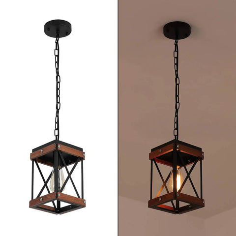 Dope Rustic Farmhouse Pendant Light With Wood And Metal Cage One Light Adjustable Chains Industrial Mini Pendant Ceiling Fixture For Kitchen Island Cafe Bar Black shown from side and illuminated view