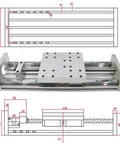 Heavy Duty Ball Screw Motion Stage Sliding Table With HGR20 Linear Guides And SFU1605 Shaft shown from multiple angles with precise measurements.