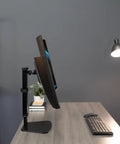 Durable Heavy Duty Freestanding Monitor Mount Desk Stand Rock Solid Height Adjustable Arm For 17 To 32 Inch Screens Portrait Landscape Tilt Swivel Vesa Plate Black with monitor on a desk