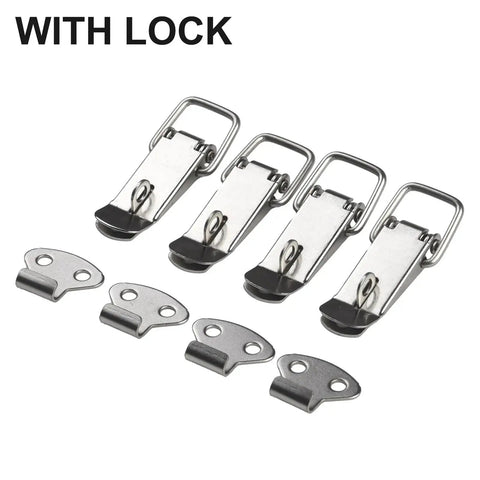 Tough As Nails Heavy Duty Stainless Steel Toggle Latch With Spring Loaded Duck Mouth Hasps Clamp For Wood Boxes Cabinets Drawers Chests Catch Durable Box Lock Hardware 4Pcs shown with lock feature.