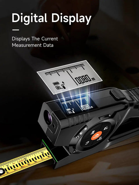 3-In-1 Digital Tape Measure With Laser Up To 196 Feet, Auto Lock Tape, Instant Digital Readout, Green Laser Extension, Handy Measuring List With Memory For Quick And Accurate Home Or Workshop Measurements showing digital display and tape