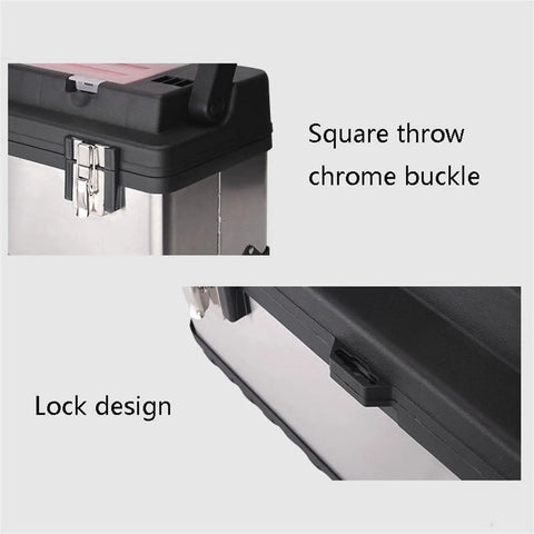 Close-up of Portable Lockable Tool Case With Removable Tray And Alloy Handle Sturdy Plastic And Steel Construction Double Locking Latches