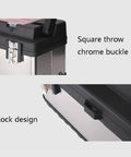 Close-up of Portable Lockable Toolbox Case With Removable Tray Durable Plastic And Stainless Steel Build showing lock and buckle details