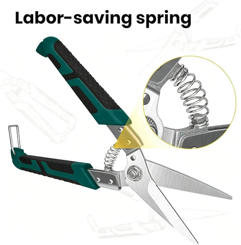 Workhorse Tin Snips Set With Straight And Curved Metal Cutter Shears Heavy Duty Stainless Steel Non Slip Serrated Blades For Quick Clean Cuts On Tin Aluminum Copper Cardboard And Roofing Metal For DIY Projects, spring handle close-up