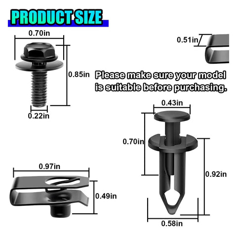 Heavy Duty 35 Piece Auto Engine Splash Shield Fastener Kit Including Nylon Push Clips Body Panel Bolts And Extruded U Nuts product size dimensions.