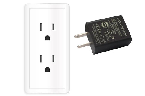 UL Listed USB Wall Charger Fast Power Adapter 5V 1A next to white wall outlet, black compact design