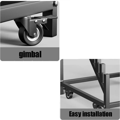 Hella Heavy Duty 12 Tier Metal Tile Display Rack With Wheels Floor Standing Steel Frame For Building Material Samples showing gimbal wheel and installation detail.