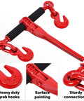 G80 Chain And Ratchet Binder Set 3/8 To 1/2 Inch, with heavy duty hooks, bright red finish, close-up of sturdy connections