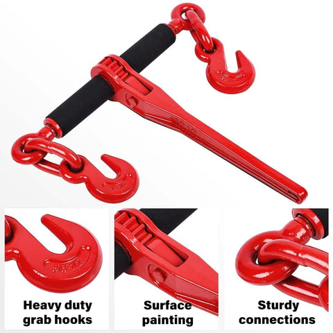 G80 Chain And Ratchet Binder Set 3/8 To 1/2 Inch, with heavy duty hooks, bright red finish, close-up of sturdy connections