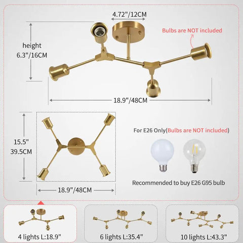 Black Sputnik Chandelier 12 Lights Modern Metal Semi Flush Mount Ceiling Light Fixture dimensions and bulb recommendations.