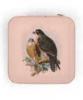 Pink Travel Jewelry Case With Soft Plush Interior For Rings And Small Jewelry Compact Four By Four By Two Inches Peregrine Falcon Birds Of Prey Vintage Art Inspired Ideal On The Go For Purse Or Carry On showcasing two falcons