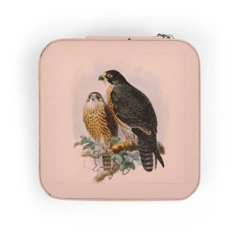 Pink Travel Jewelry Case With Soft Plush Interior For Rings And Small Jewelry Compact Four By Four By Two Inches Peregrine Falcon Birds Of Prey Vintage Art Inspired Ideal On The Go For Purse Or Carry On showcasing two falcons
