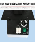 Top Shelf 1500W Eyeglasses Frame Heater With Adjustable Temp Controls And Hot Cold Air Toggle showing control panel with temperature settings.