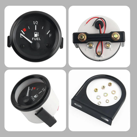 Two Inch 12V Fuel Gauge Kit With Nut And Bracket 240 to 33 Ohm Boat Gauge With E Half F Pointer Dash Style Fuel Level Indicator, black and white display with mounting hardware
