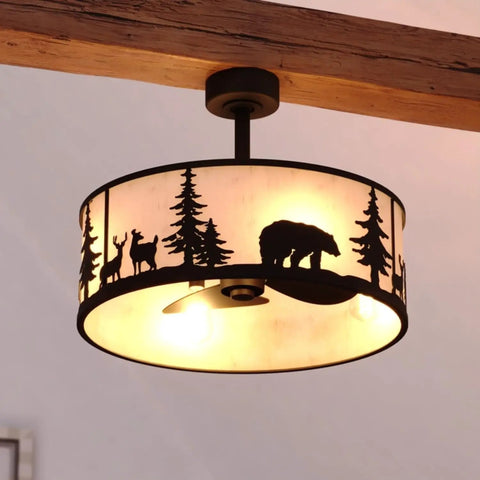 HomeStock Acadia 20-inch Indoor Ceiling Fan with Dimmable Light Kit and Remote Control featuring forest wildlife silhouette.