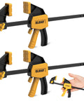 Two 6 Inch Mini Bar Clamps For Woodworking Set With One-Handed F Clamp And Spreader, 75 Lbs Load Capacity, shown with quick release grip.