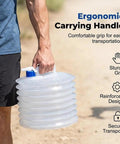 Man carrying collapsible water container with ergonomic handle, spigot visible, for camping and outdoor use, 5L space-saving design