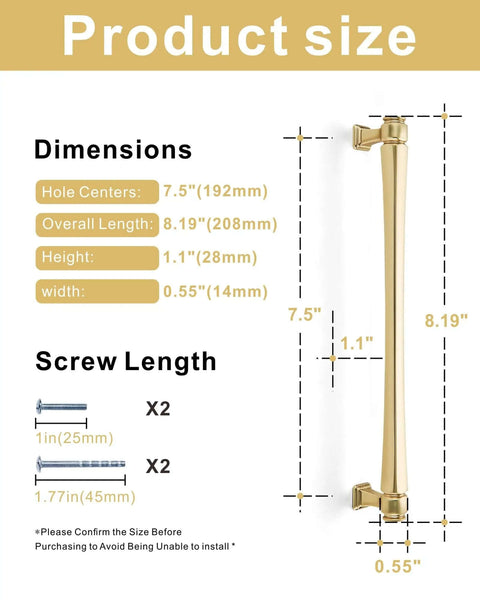 10 Pack Brushed Gold Cabinet Pulls, 7.5 Inch Center To Center Zinc Alloy Handles, Product dimensions and screw length details