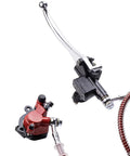 Mini bike hydraulic disc brake lever and red caliper kit with black master cylinder and braided line.