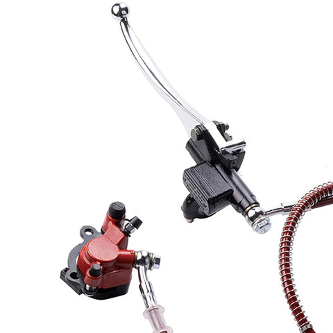 Mini bike hydraulic disc brake lever and red caliper kit with black master cylinder and braided line.