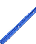 Close-up of Universal Aluminum T Track 15.7 Inch Double Cut for Woodworking, showing blue finish and mounting holes
