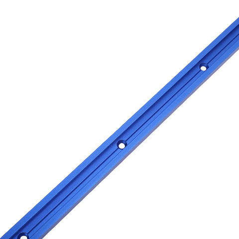 Close-up of Universal Aluminum T Track 15.7 Inch Double Cut for Woodworking, showing blue finish and mounting holes