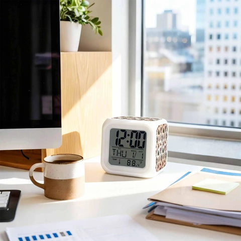 Top Notch Silent Digital Alarm Clock With Cool Starfish Shell Shape And Gentle Nightlight For Bedrooms Or Work Desks Checks Time Date Temperature Brings Easy Snooze Feature Down To Earth Vibe For Students And Crew on a desk with a coffee mug.